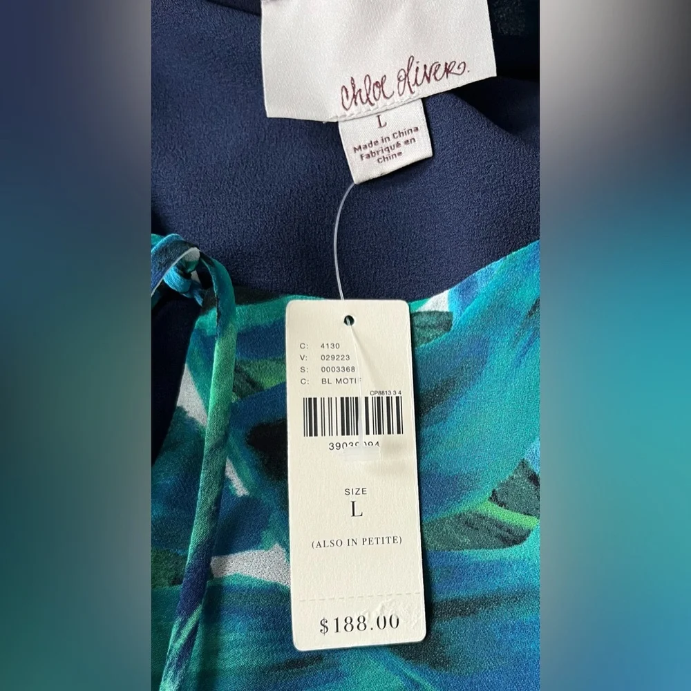 Blue Green Leaf-Print Long-Sleeve Shift Dress